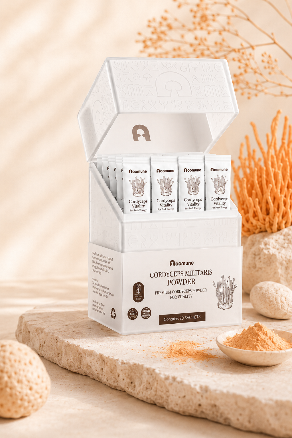 Oomune Cordyceps Militaris powder box with sachets